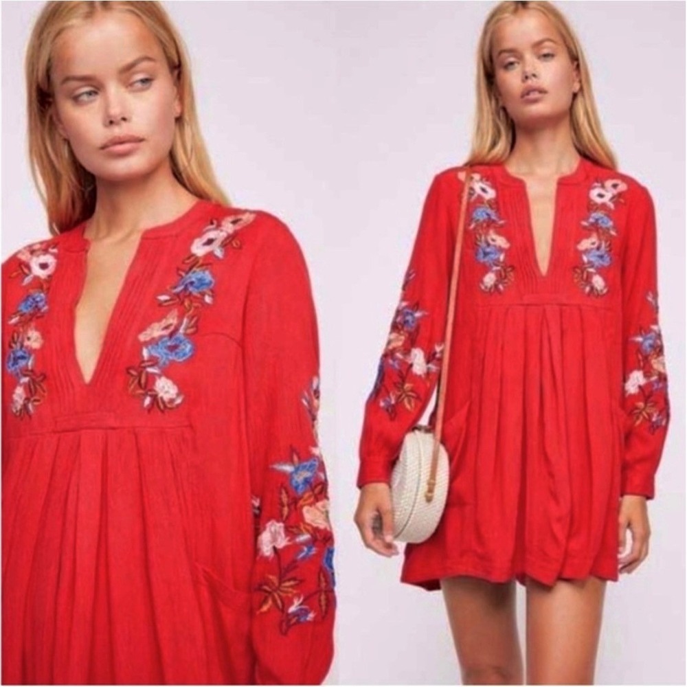 Free People Mia Embroidered Mini Dress Large Red Floral Boho Gauzy Flawy